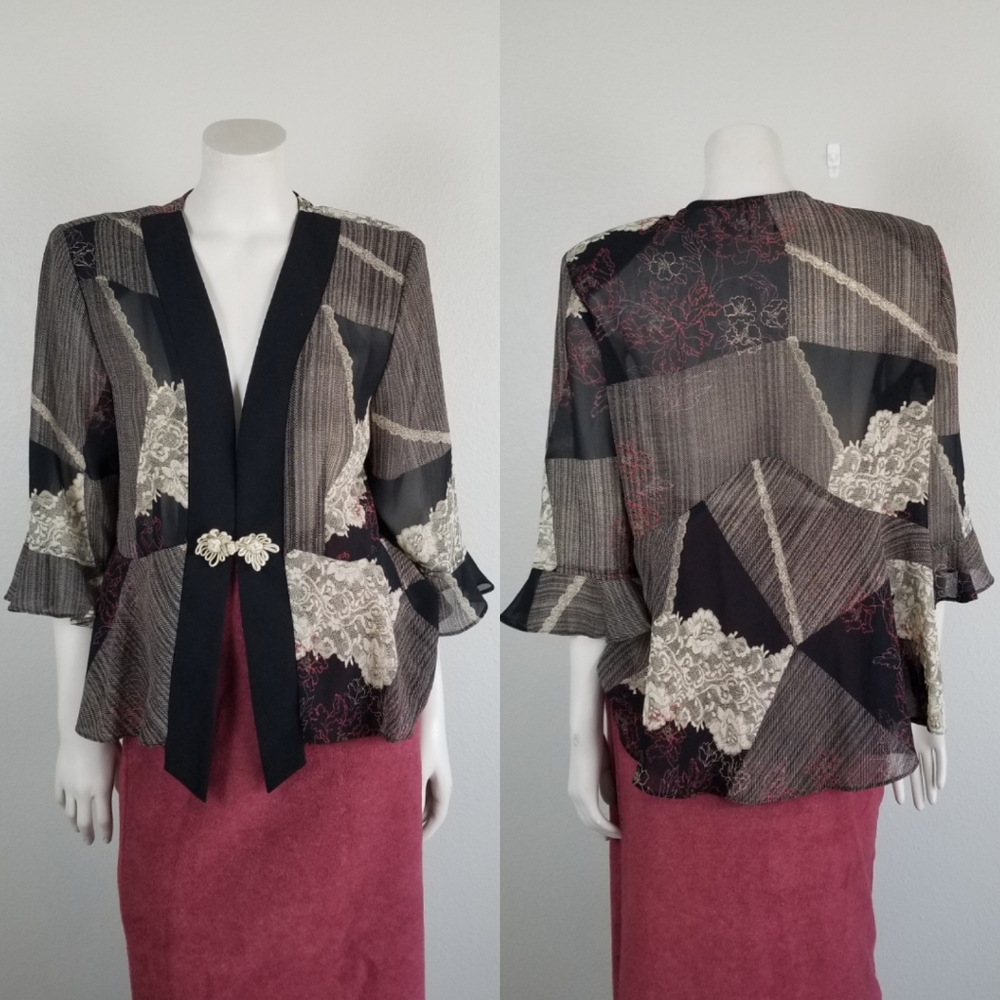 Vintage 90s Y2K Bohemian Patchwork Lace Look Kimono Jacket Blouse Size 14P